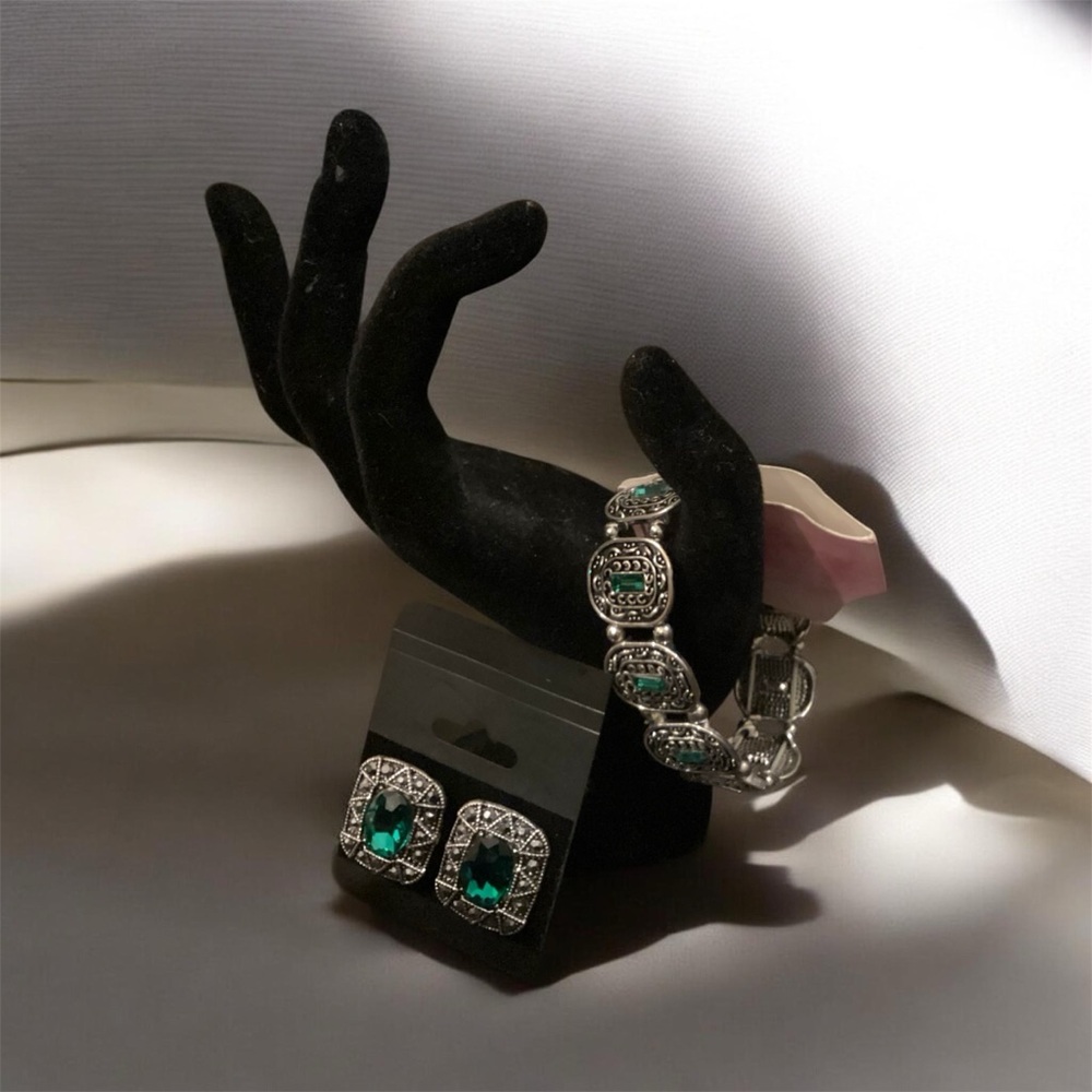 Emerald Crystal Bracelet and Earring Set - Green Silver-Tone